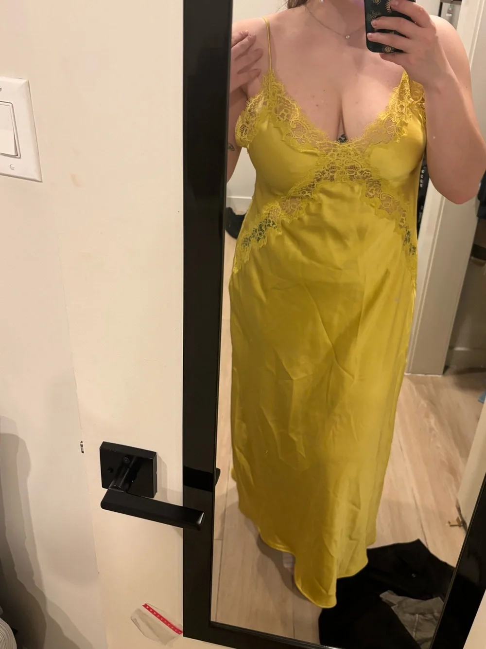 Zara Yellow Lace-Trim Satin Slip Dress - Picture 3 of 4